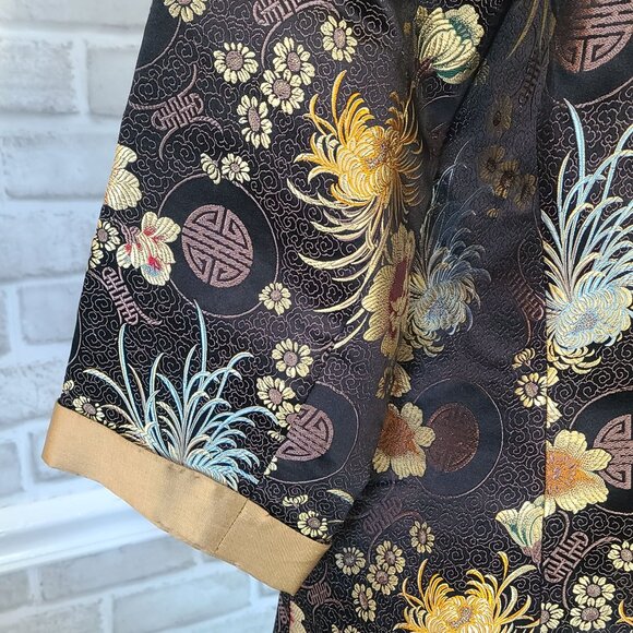 Chicos Silk Blend Asian Print Brocade Kimono Jacket sz 1 / Med Black Gold Artsy - Picture 9 of 10